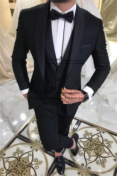 Classic Black Slim Fit férfi öltönyök kendő hajtóka esküvői vőlegény Tuxedo 3 részes kabát mellény nadrág szett férfi üzleti Masculino blézer