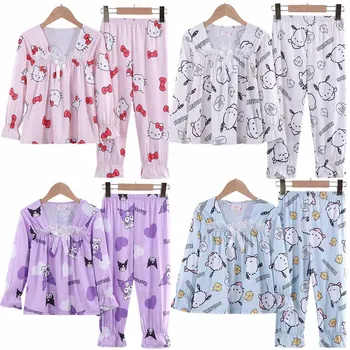 Sanrios lányok otthoni ruházat pizsama Kuromi HelloKittys Pochacco rajzfilm aranyos gyerekek tavasz ősz hosszú ujjú nadrág hálóruha