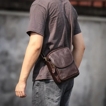 Bőr cipzáras férfi válltáska Természetes marhabőr alkalmi divattáska férfi retro kis táska 7,9 hüvelykes iPad
