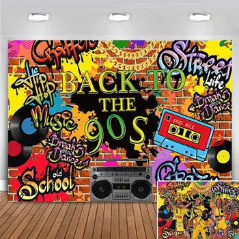 90-es évek tematikus születésnapi parti dekorációs banner háttér Vissza a 90-es évek hip-hop téglafalához Graffiti fotózás háttérposzter