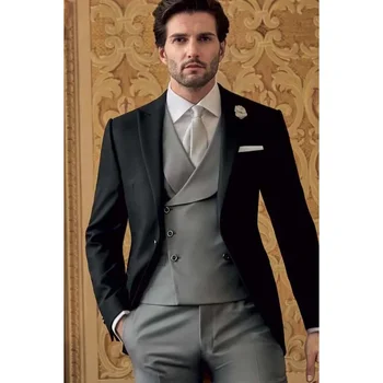 Elegáns csúcshajtóka férfi öltöny karcsú szabás divat formális üzlet ok-okozati esküvő szmokingi teljes férfi öltöny 3 részes (blézer+mellény+nadrág)