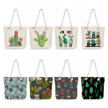 Nagy kapacitású bevásárlótáska Virágmintás kézitáskák Plant Cactus Tote táskák nőknek Összecsukható utazási strand vastag kötél válltáska