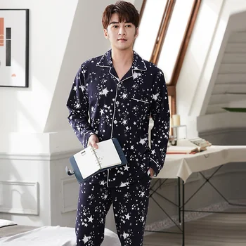 Big Size M-4XL tavaszi és őszi férfi pizsama szett 100% pamut hosszú ujjú hálóruha férfi lehajtható galléros pizsama