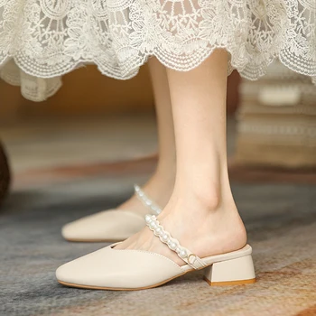 Szögletes magas sarkú Müller papucs női cipő 2022 divat nyári cipő nő szögletes lábujj gyöngy sekély női cipő csúszdák