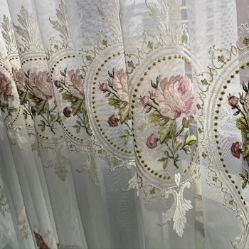 Európai luxus bazsarózsa tüll puszta függöny a nappalihoz Elegáns virághímzés Voile drapériák hálószobába