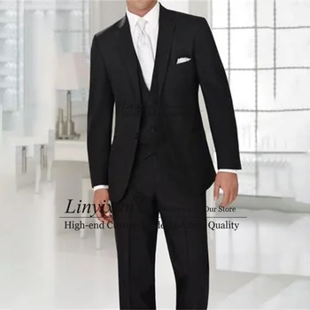 Divat fekete férfi öltönyök Üzleti blézer Hombre esküvői vőlegény Tuxedo Slim Fit Daily 3 részes készlet kabát mellény nadrág jelmez Homme