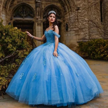 Blue Quinceanera ruha 2024 Princess Off Shoulder Ball tüll gyöngyfűző rátétek Ujjatlan édes 15 16 Születésnapi parti ruha Miss