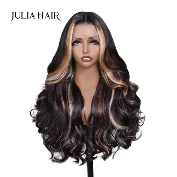Julia Hair 13x4 csipke elülső fekete lila ombre szőke kiemelésekkel laza hullámú paróka előre kitépett emberi haj paróka babahajjal