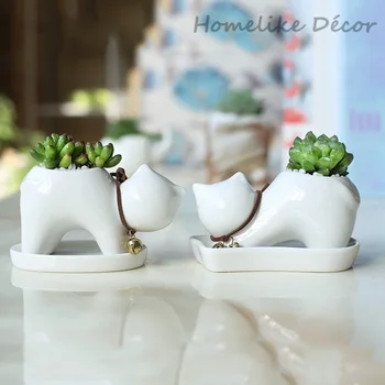 2 részes készlet Cica alakú kerámia virágcserép Mini macska porcelán virágcserép tálcával asztali Home Kerti dekoráció