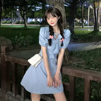 Puff ujjú kék ruha női íj szép alkalmi édes hölgy szilárd nyár Minden mérkőzés V-nyakú köntös Femme Été koreai divat Cozy Ins