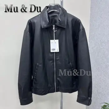 Mu&Du 2024 Tavaszi női ruhák Egyszerű fekete műbőr motoros dzseki Női alkalmi Sokoldalú Pu Laza kabátok Mujer