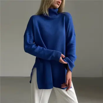 Split hosszú pulóver női garbó őszi téli narancssárga kék pulóver colorblock kötött pulóver vastag meleg Y2k jacquard pulóverek