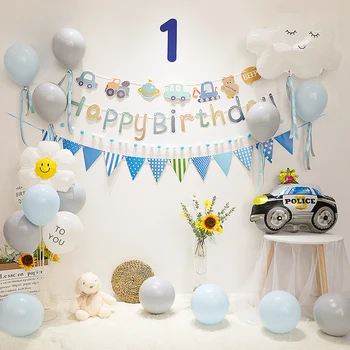 Fehér szél téma születésnapi zsúr dekoráció, kék latex lufi rajzfilm autó Boldog születésnapot banner, gyerekek 1. babaváró kellék
