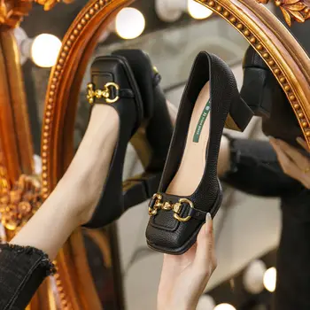 Női középsarkú cipő 2023 Nyár Francia stílusú Vissza Üres Női Vastag sarkú Szögletes lábujj Mary Jane cipő Fekete zöld Talon Femme Hölgyek