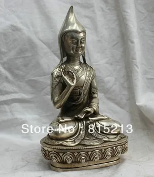 Kínai Tibet Tibeti buddhizmus ezüst bronz Tsongkhapa Buddha szobor 15CM