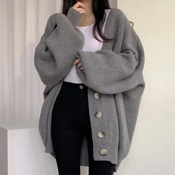 Lazy Loose Chic Cardigan nőknek Ősz Tél Ok-okozati túlméretes Új pulóverekben Felsőruházat Fekete koreai divat kötöttáru kabát