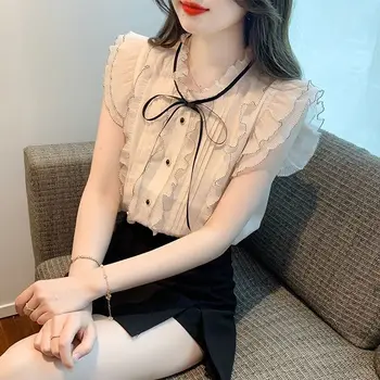 Egyszínű O-nyakú ujjatlan gombok Patchwork irodai hölgyblúzok Koreai divat édes fiatal stílus Nyár Új női ruházat