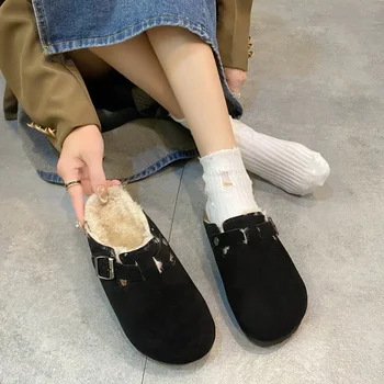 Fekete női papucs Luxus zárt parafa szőrös cipő Téli tervező márka velúr bőr plüss meleg klumpák platform cipők csúszdák