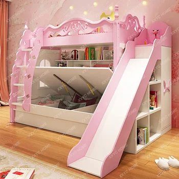 emeletes ágy Lány hercegnő kastély Magas alacsony rózsaszín Sokoldalú lépcsőtároló hely Rajzfilm hálószoba bútor Faágy