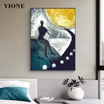 Absztrakt zenész Holdfény folyó Vászon festmények Északi művészet Figura plakátok és nyomatok Fali képek a nappalihoz hálószoba