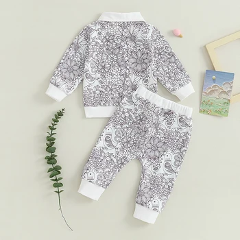 Toddler Boys Fall ruhák Virágmintás gombok Lehajtható gallér Hosszú ujjú felsők és hosszú nadrágok 2db ruhaszett