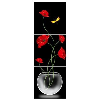 3 darab absztrakt Fekete és piros Virágvirág Négyzet alakú vászon Festés Nyomtatás vászonra Falművészet moduláris képek Nappali