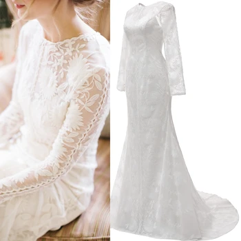 Puha csipke egyszerű hosszú ujjú valódi ár menyasszonyi ruha esküvői ruha plusz méret gyári minta fotó