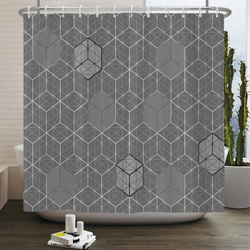 szürke hatszögletű geometriai mintás zuhanyfüggönyök Fürdőszoba kád dekoráció Poliészter szövet Fürdőfüggöny Otthoni dekoráció horgokkal