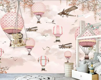 HD rajzfilm tapéta gyerekszobához Ég fehér felhő Rózsaszín hőlégballon repülőgép Kis madár 3D fali papír falfestmény papel de pared