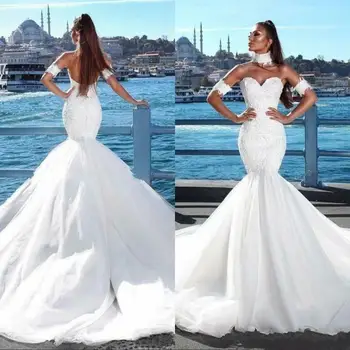 Plus Size sellő esküvői ruhák Illúzió csipke rátétek Gyöngyök Menyasszonyi ruhák Vestido Novia