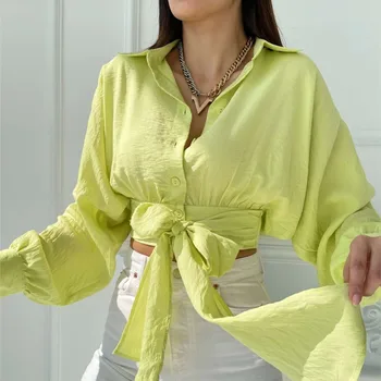 Fashion Slim White Green női blúz 2024 elegáns hajtóka hosszú ujjú crop ingek alkalmi klasszikus fűzős Blusas felső női