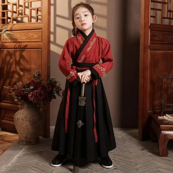 VÍZ Kínai stílusú ruhák Huamulan Hanfu Gyerekek Piros Fekete Wuxia Ősi jelmez Fiúk és lányok Teljesítmény ruhák Tavasz Ősz