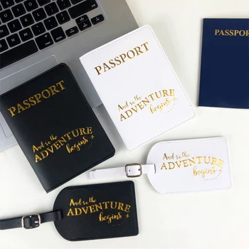 Egyszerű fekete/fehér Pu bőr útlevél borító poggyász címkék Levél nyomtatás utazási útlevél tartó pénztárca kártyatok férfiaknak nők