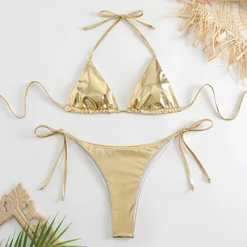 Metál nyári háromszög Halter fürdőruha strandruha női szexi tanga bikini szett ezüst arany dropshipping biquini fürdőruha