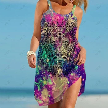 2023 Női ujjatlan laza alkalmi plus size hosszú ruha Beach Sun ruhák Nyári színes oroszlánfestés Boho laza ruha