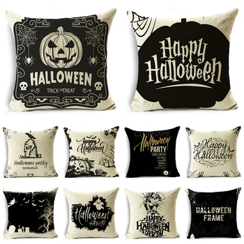 Fekete-fehér minimalista Halloween tökkoponya nyomtatott párnahuzat otthoni nappali kanapéhoz dekoratív párnahuzat