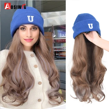 Hosszú göndör kalap paróka Természetes barna parókák Connect szintetikus kék kötött kalap haj paróka kalap paróka nők számára állítható