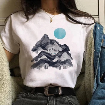 Ruházat Rajzfilm Mountain Pattern alkalmi rövid ujjú mintás fehér póló Női póló Divat nyomtatott vintage póló felső
