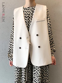 LANMREM Office Lady Vest V nyak ujjatlan dupla mellű csipke egyszínű kabát alkalmi női 2023 ősz Új 2AA1534