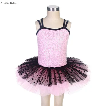 17046 rózsaszín flitteres spandex míder fekete pöttyös tüll baletttánccal Tutu szoknya táncruha lánynak Balett előadás tánc viselet