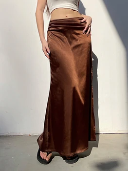 Jyate barna szatén selyemszoknya női Koreai divat magas derékú osztott irodai hosszú szoknya 2023 Nyári elegáns női klub Maxi szoknya