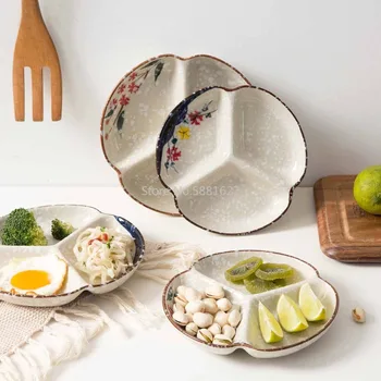 3 rács máz alatti kerámia tányér kreatív osztó háztartási étkészlet reggeli tál vacsora tányér gyümölcs saláta sushi snackektálca