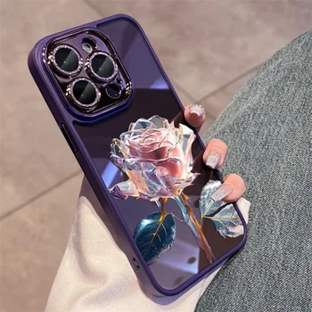 Nincs sárgulás Crystal Rose Diamond lencsevédelem Telefontok iPhone 15-höz 14 13 12 11 Pro Max Plus Esésálló szennyeződés