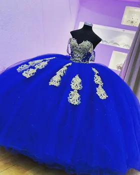 Királykék csipke flitterek Quinceanera ruhák báli ruha Édes 16 éves hercegnő ruhák lányoknak vestidos de 15 años anos