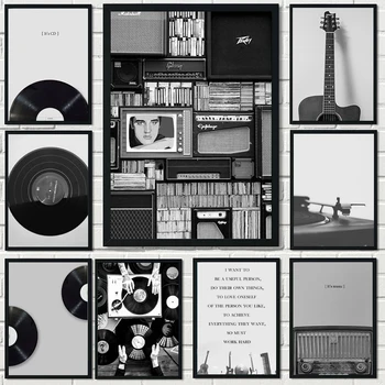 Fekete-fehér vintage zenei rekordok Fali művészet Vászonfestés Plakát és nyomtatás Faliképek a nappalihoz Otthoni műalkotások dekorációja