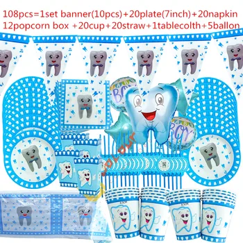 Kék kis fogak születésnapi parti eldobható evőeszközök papírpohár tál szalvéta party kellékek dekoráció