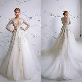 2020 A Line esküvői ruhák Hosszú ujjúak Csipke rátétek Gyöngyök Menyasszonyi ruhák Egyedi készítésű seprővonat esküvői ruha