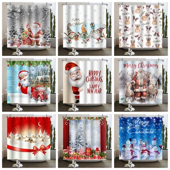 2023 Karácsonyi zuhanyfüggöny Mikulás téli snomen vízálló színes fürdőfüggönyök otthoni fürdőszobai dekorációs függöny kampóval