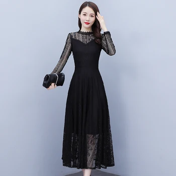Temperamentum divatos csipke tündér ruha női 2023 új őszi hosszú ujjú nagy méretű alkalmi karcsúsító üreges hálós ruha
