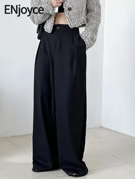 ENjoyce 2023 Őszi nők vintage rakott magas derekú fekete öltönynadrág irodai hölgy munkaruha laza széles szárú drapériás nadrág